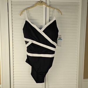 NWT Anne Cole Womens Black White Mesh Inset‎ Swimsuit 16